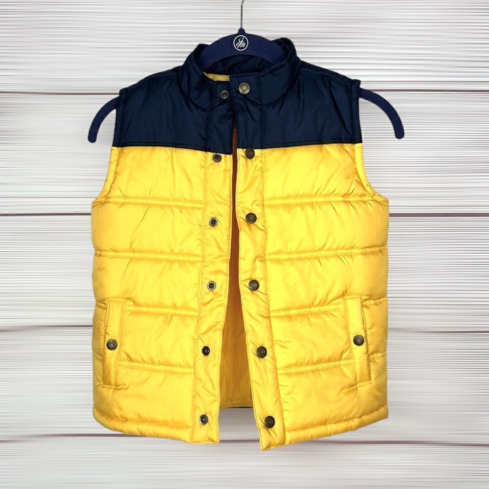 Janie and Jack Boys Girls Puffer Vest Yellow Navy Blue Snaps Front Pockets 5-6